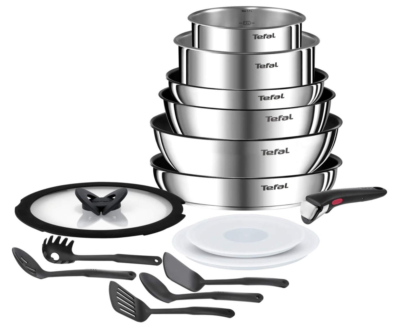 Set Ingenio Emotion de 15 piezas: sartenes, cazos, wok, tapas, utensilios y mango extraíble