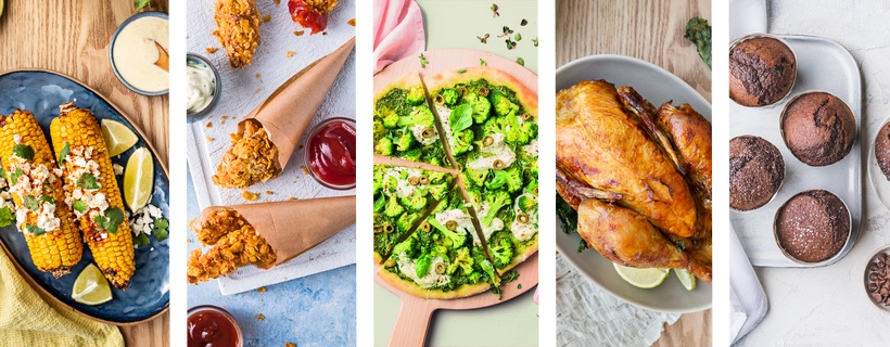 Cinco platos: mazorcas asadas, pollo crujiente, pizza de brócoli, pollo al horno y muffins de chocolate
